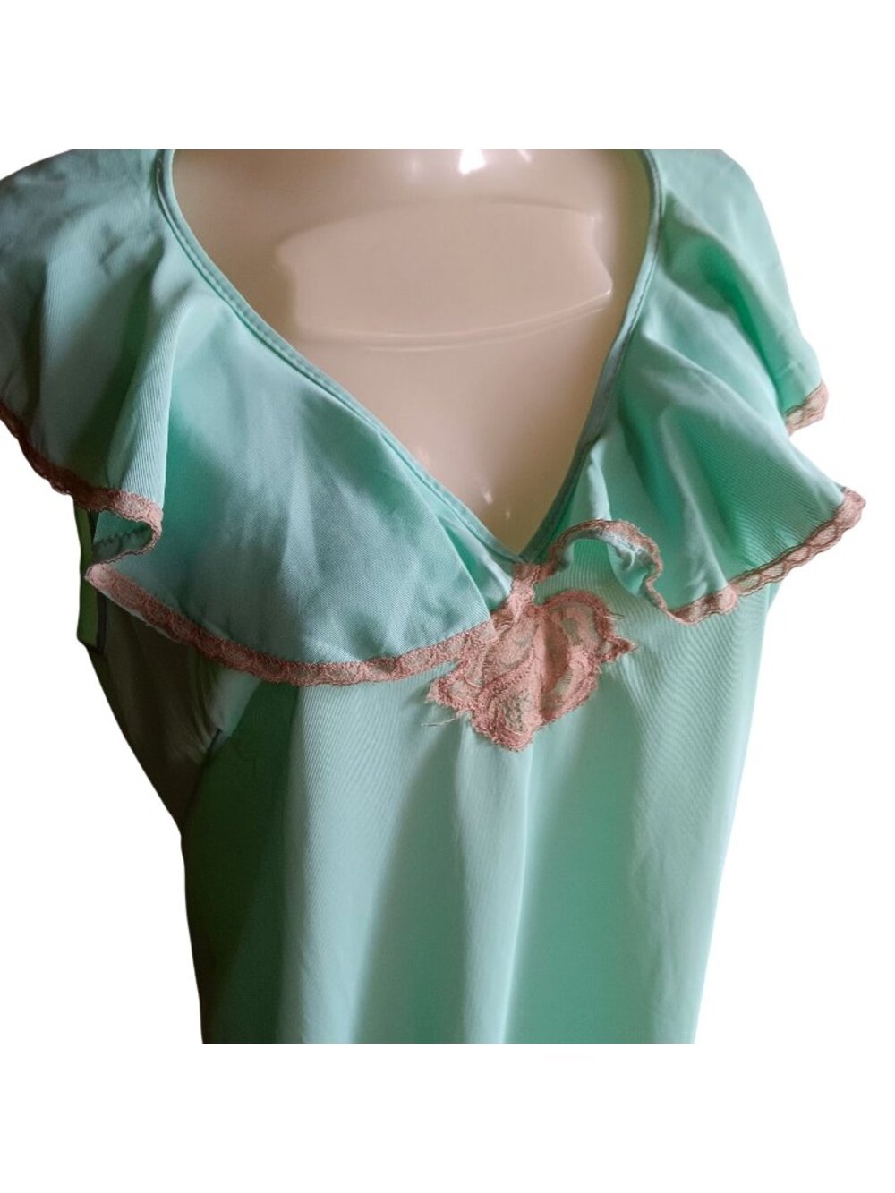 True Vintage Nightie Top Medium Mint Green Sleeveless W/ Ruffle Collar Pink Lace